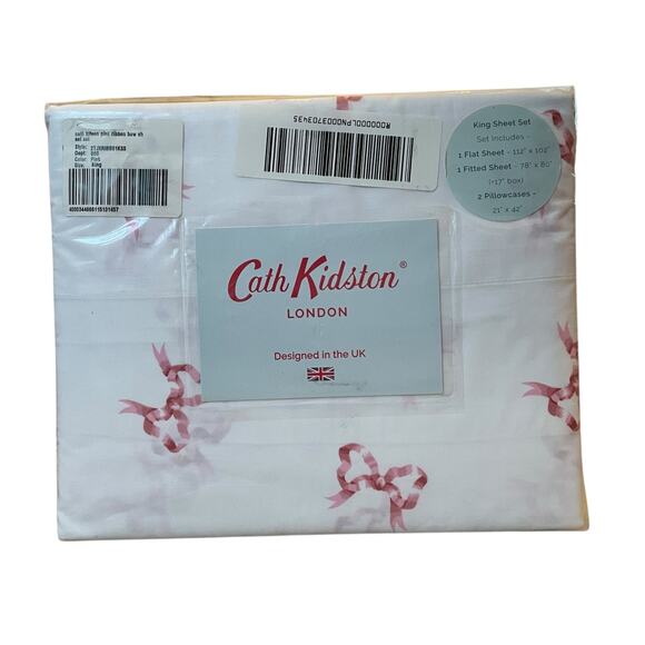 Cath Kidston 4pc KING Sheet Set Hot Pink Ribbons & Bows 100% Cotton White New - Picture 7 of 12